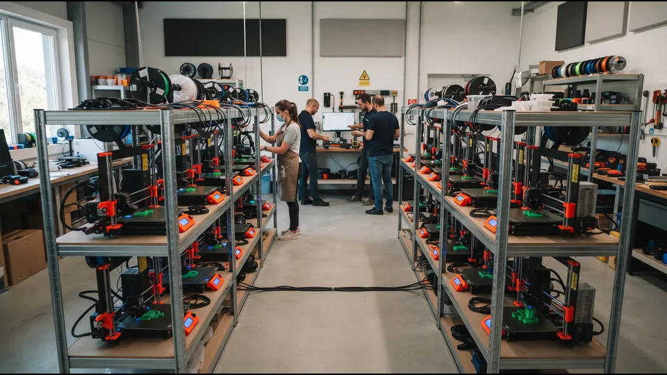 3D print farm with racks of FDM printers and the team checking production