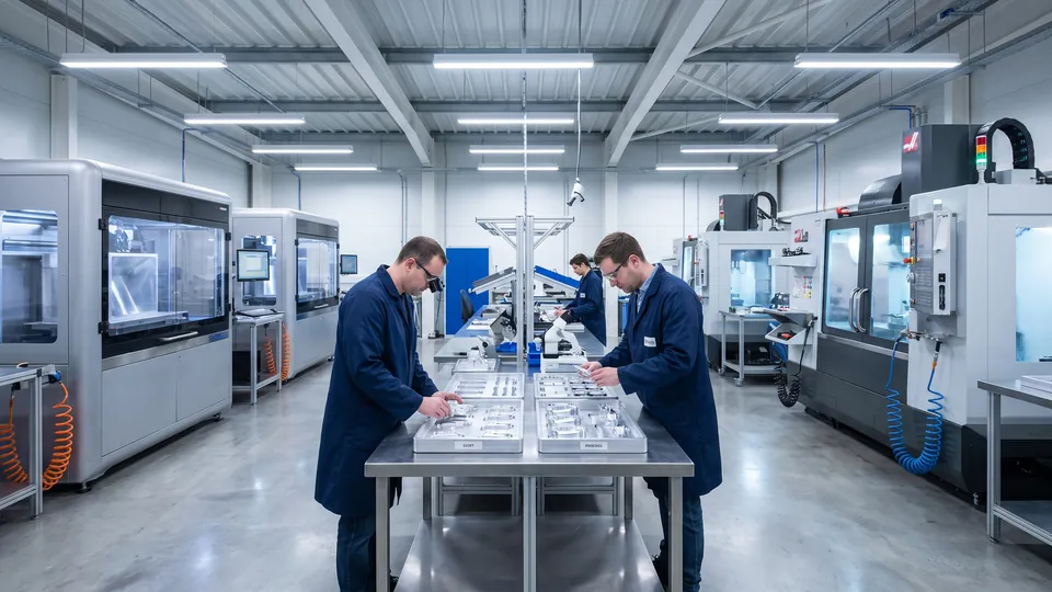 Technicians inspecting parts in a workshop with industrial 3D printers